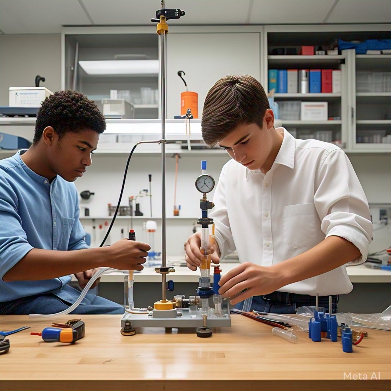 Estudiantes trabajando en proyecto neumático educativo